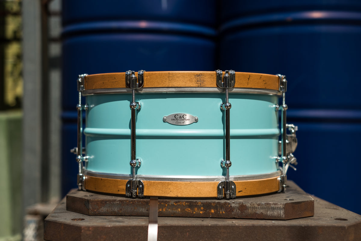 C&C - Aluminium Snare - Vintage Blue w/ Aged Aged Wood Hoops - 14x6.5