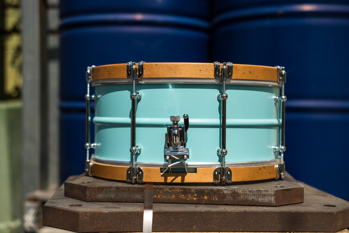 C&C - Aluminium Snare - Vintage Blue w/ Aged Aged Wood Hoops - 14x6.5