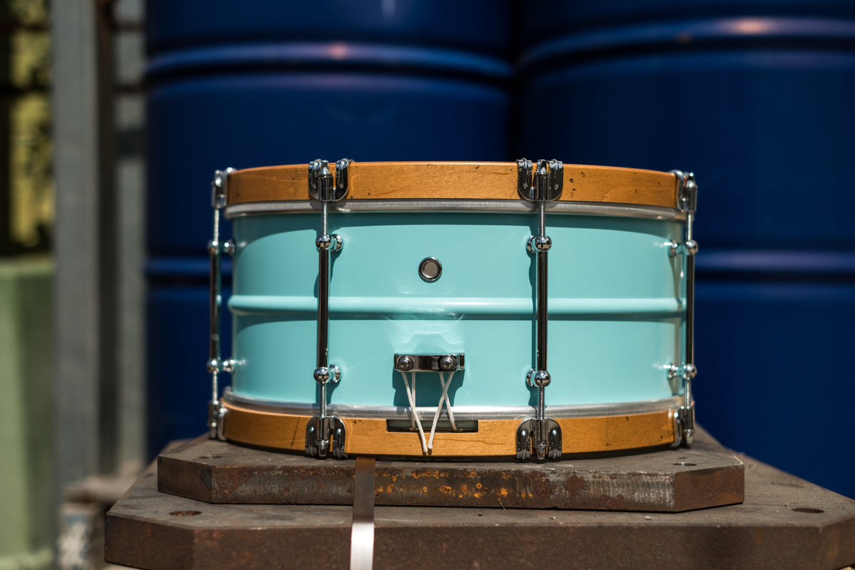 C&C - Aluminium Snare - Vintage Blue w/ Aged Aged Wood Hoops - 14x6.5