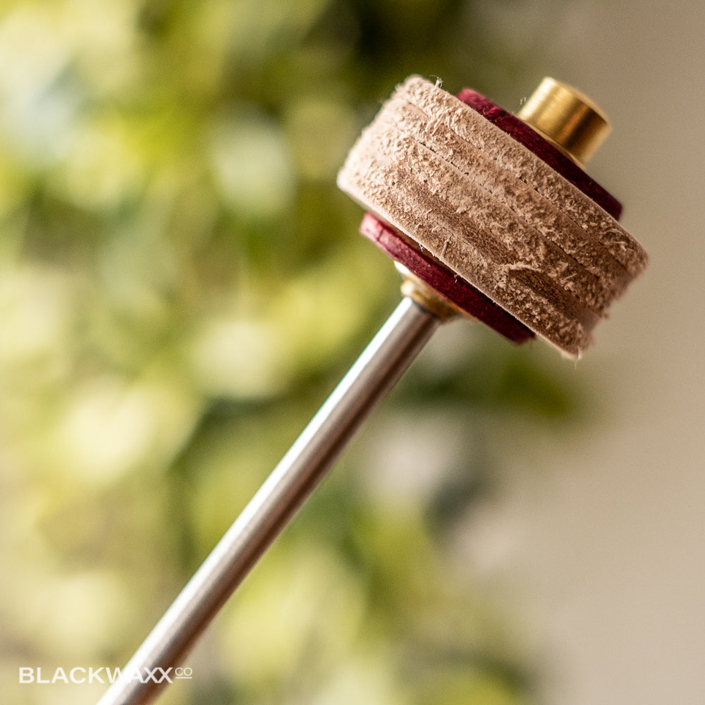 Dragonfly Hard Leather bass drum beater, five leather discs on a brass post