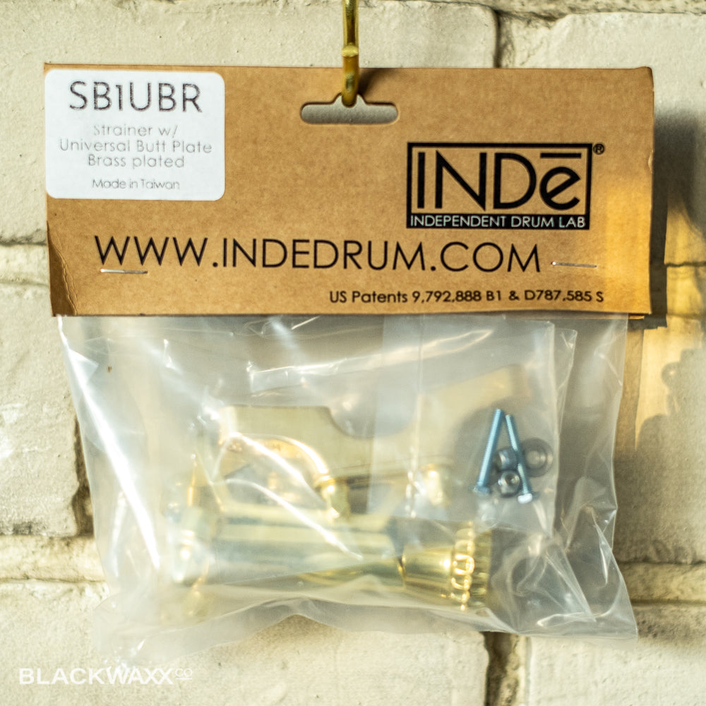 INDe SB1 snare drum strainer and butt plate in gold brass